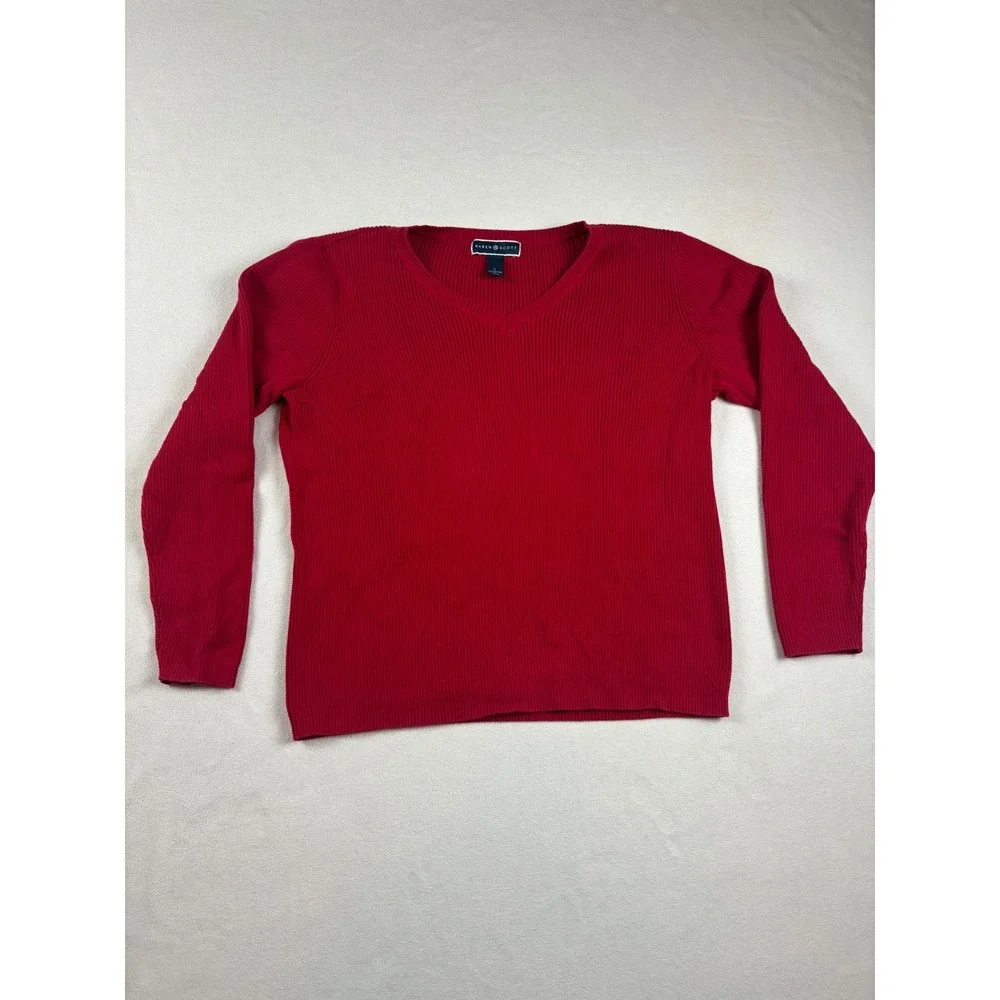 Karen Scott Womens Red Ribbed‎ V-Neck Cotton Sweater Large Long Sleeve Top